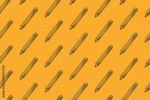 Pattern of black pencils on a yellow background, great for stationery branding, educational materials, school supplies ads, and office themed designs.