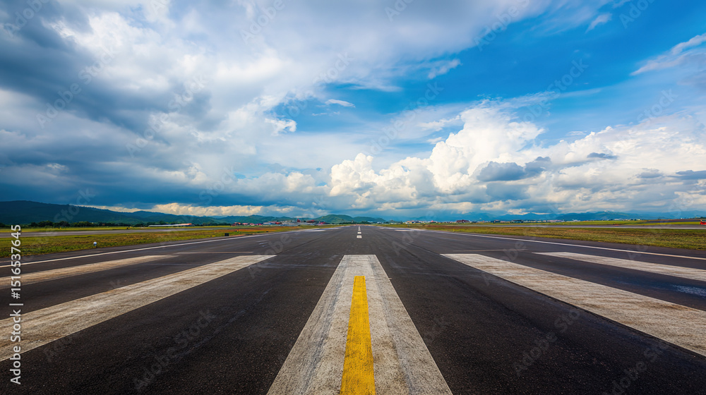Fototapeta premium Striking Airport Runway vs. Dynamic Blue Cloudy Sky – Aircraft, Taxiways, Control Tower – Aerial Perspective, Runway Markings – Ideal for Graphic Design, Aviation Visuals, Wallpaper