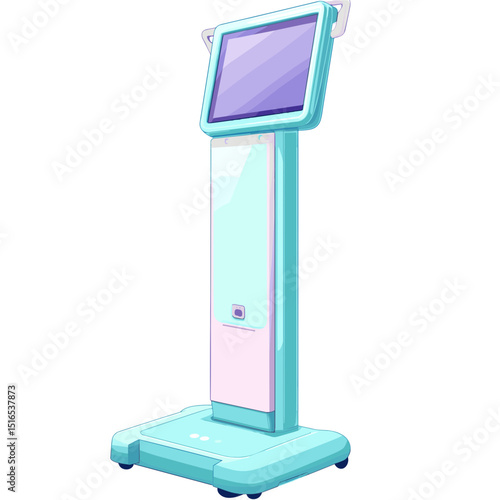 Aqua and Lilac Self Service Kiosk Machine with Interactive Touchscreen Display for Customer Service and Guidance Pixel Art Illustration