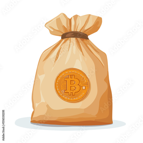 Beige Bag Filled with Golden Bitcoin Symbol for Crypto Currency and Digital Finance on White Background