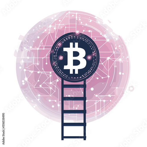 Bitcoin Rising with Ladder on Abstract Blockchain Network with Pink Sphere Represents Growth and Opportunity in Digital Finance