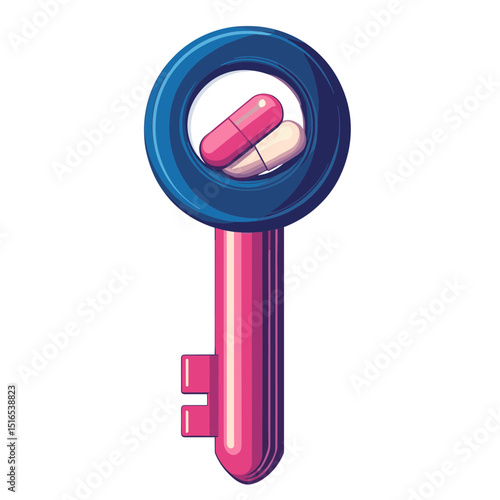 Blue and Pink Pixel Art Key with Two Capsules Inside on a White Background Digital Illustration Health and Medicine Concept