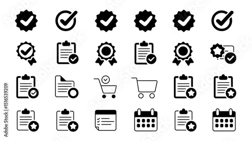 36 Monochrome Vector Icons Checkmarks, Approved, Certified, Quality, and More