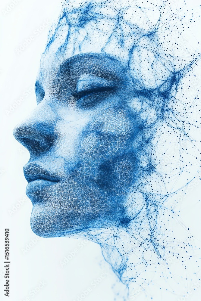 Abstract portrait of a woman, dissolving into blue particles. Serene, ethereal, and artistic. Abstract portrait of a woman, dissolving into blue particles. Serene, ethereal, and artistic.