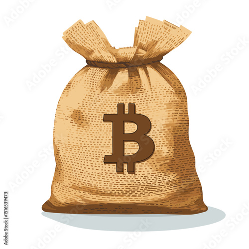 Burlap Sack with Bitcoin Symbol on White Background Digital Currency and Investment Concept