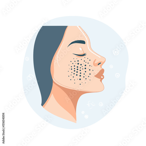 Close Up Profile Portrait of Young Woman with Skin Pigmentation Issue in Pale Tones Against a Soft Blue Background