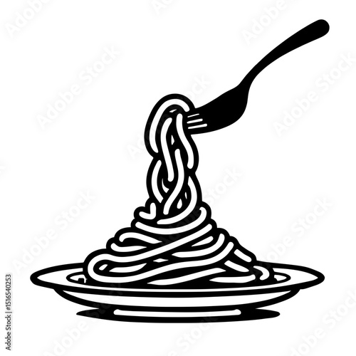Minimalist black silhouette of pasta twirled around a fork on a white background
