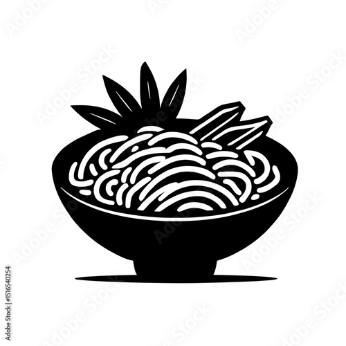 Minimalist black silhouette of pad thai noodles with garnishes on white background
