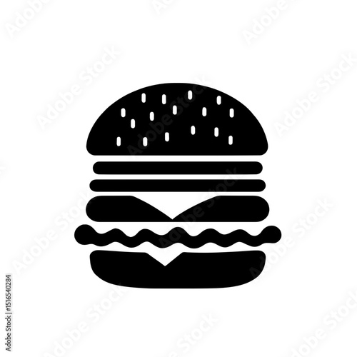 Minimalist black silhouette of a hamburger with layered fillings on a white background