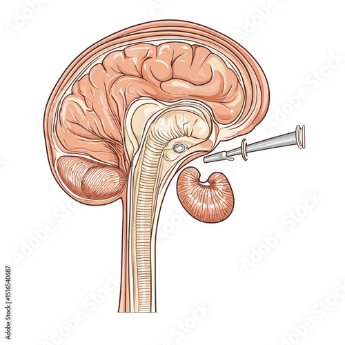Cross Section Illustration of a Human Brain and Spinal Cord Showing Medical Device Placement on White Background