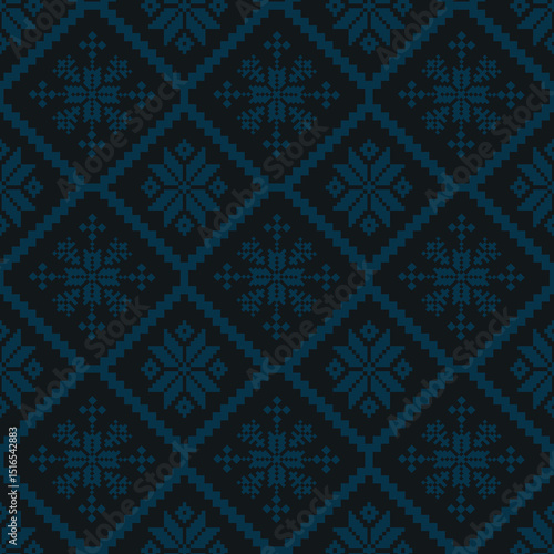 Black and blue Pixel Set seamless pattern with floral pattern.Design style that draws inspiration from digital graphics, 8-bit video games, and computer art.