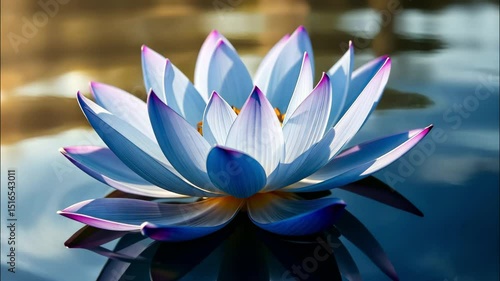 Magical blooming of the blue lotus: animation of delicate petals on the mirrored water with golden highlights
