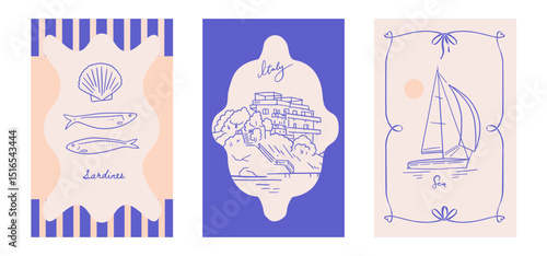 Vintage posters set inspired by Italy featuring sardines fish, coastal line, retro yacht. Mediterranean food, culture, and travel themed graphic. Vector linear illustration.