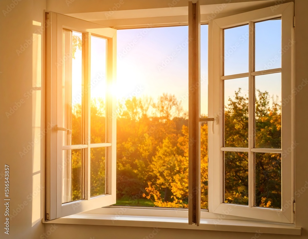 Fototapeta premium Sunny autumn view from a white window