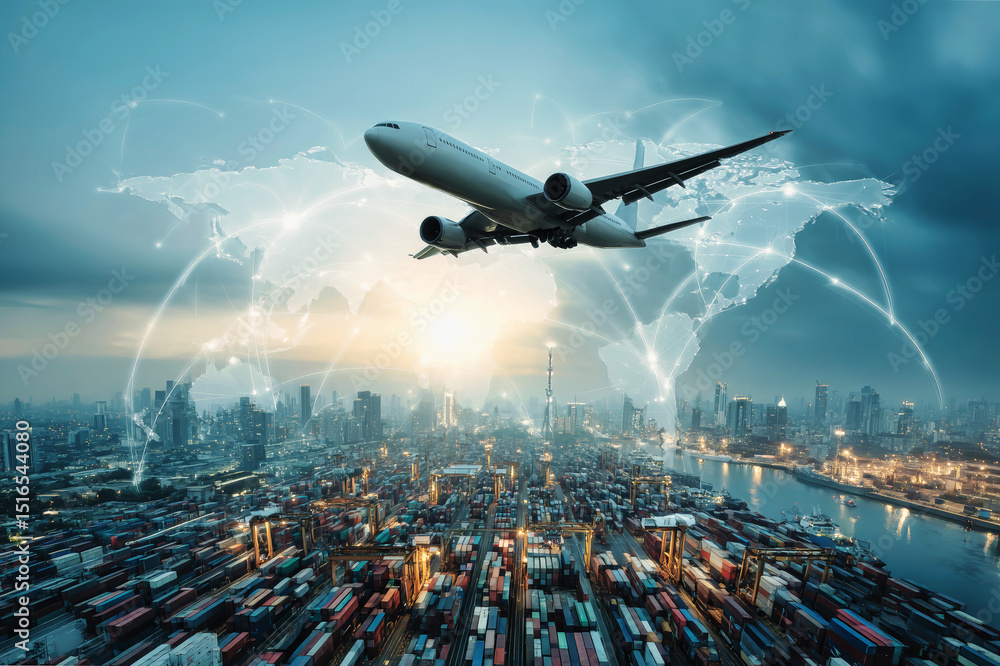 Fototapeta premium Global logistics and air transportation connecting cities with s