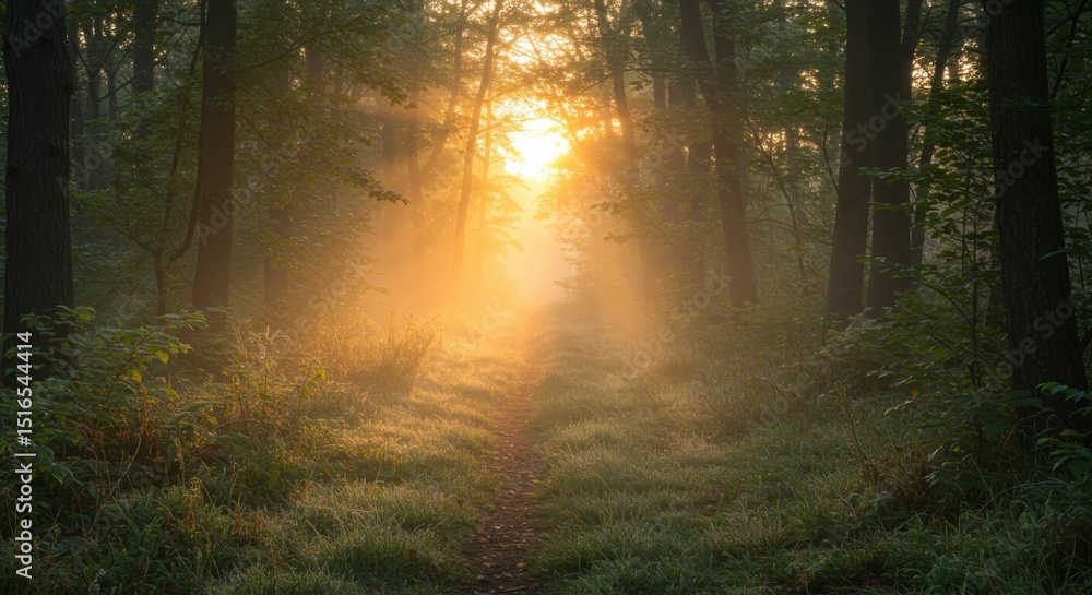 Naklejka premium Sunlit path through a misty forest at dawn. Golden rays illuminate the way
