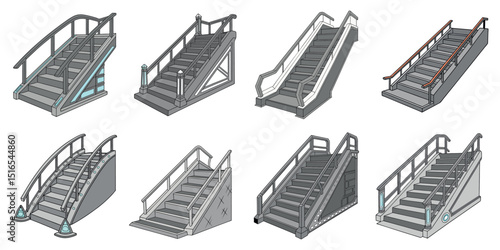Set of Futuristic gray staircase with metallic texture, glowing edges, floating in space on a white background, science fiction inspired design