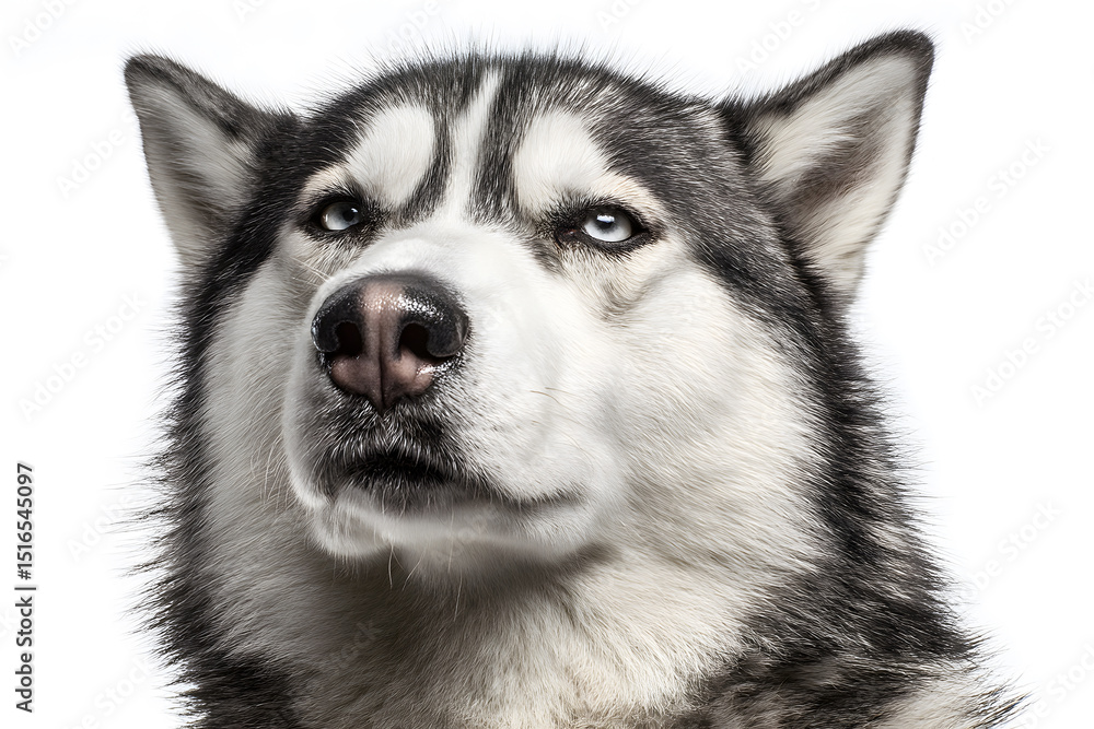 Fototapeta premium Siberian husky with blue eyes and thick fur exudes strength and loyalty in a bright setting