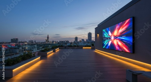 Rooftop terrace at dusk features vibrant LED display showcasing dynamic abstract artwork against city skyline backdrop