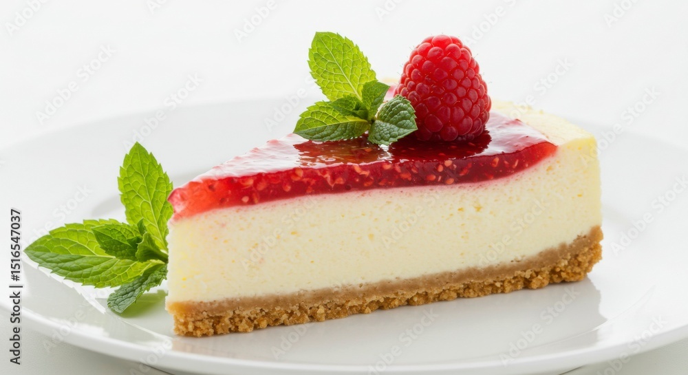 Creamy cheesecake slice, topped with raspberry glaze and fresh mint. A delectable dessert Creamy cheesecake slice, topped with raspberry glaze and fresh mint. A delectable dessert