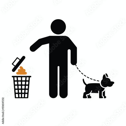 silhouette icon of responsible pet owner cleaning dog waste, ideal for hygiene campaigns, pet regulations, public signage, and responsible ownership graphics