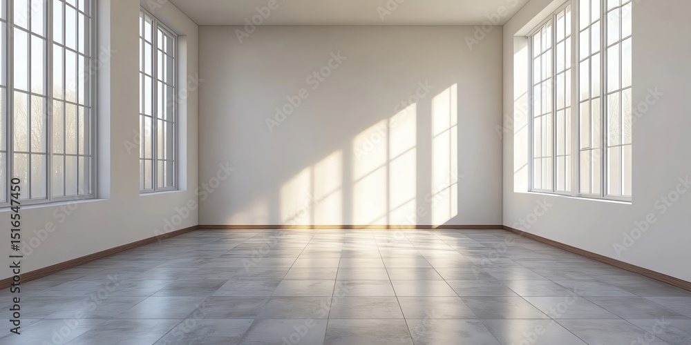 Fototapeta premium Bright, empty room with large windows and sunlight streaming in. Minimalist interior design.