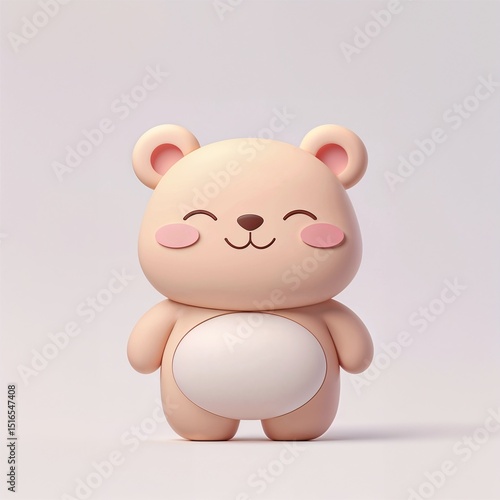 A cute 3D cartoon bear with beige fur, rosy cheeks, and a smiling expression, featuring rounded ears and a white belly, standing upright against a soft gradient background