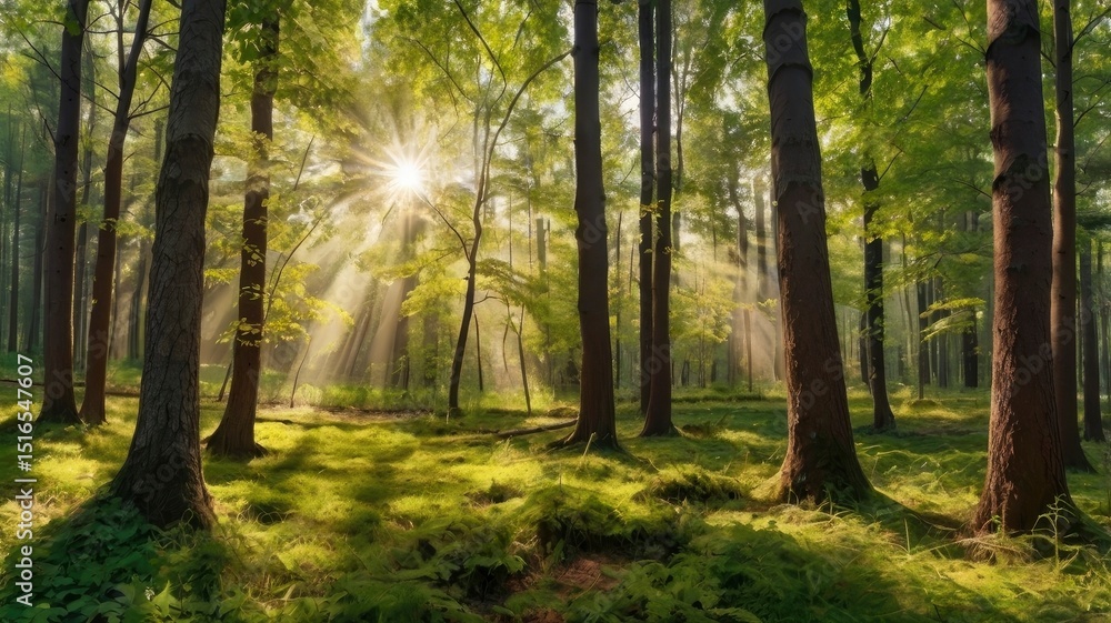 Obraz premium Sunlit Forest: A Serene Impressionist Scene of Sunlight and Trees