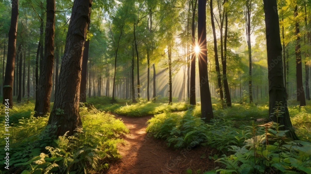 Obraz premium Sunlit Forest Path: A Serene and Dreamlike Landscape