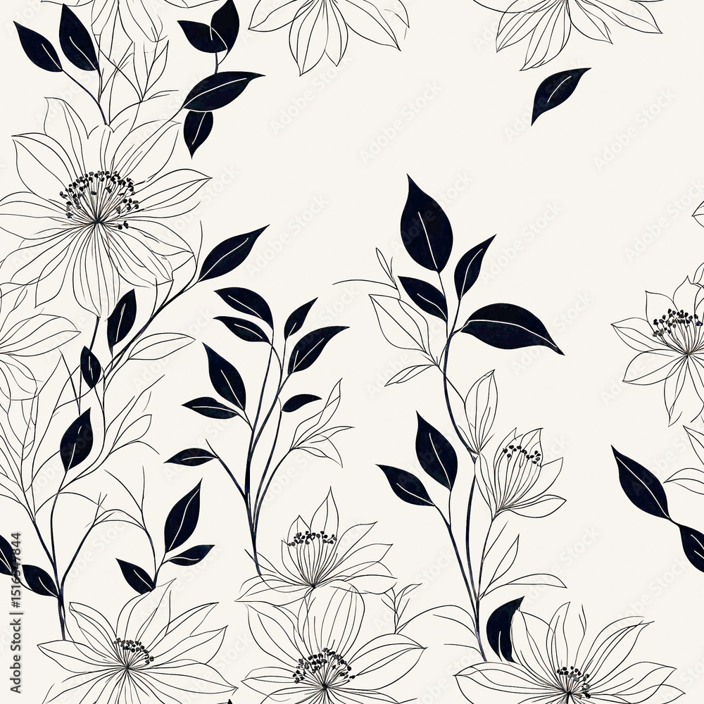 Fototapeta premium Floral pattern with black line art on a light background 