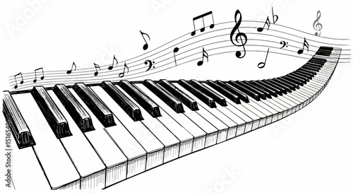 Expressive black and white sketch of angled piano keys with hand-drawn musical notes and a treble clef floating above, rendered with varied line weights and hatching for depth and texture.