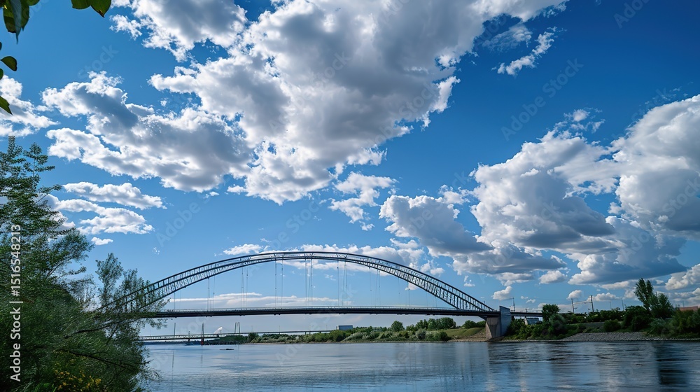 Fototapeta premium Iconic Bridge Landscape with River Views and Dynamic Blue Cloudy Sky – Modern Structure, Cloud Formations – Ideal for Travel Visuals, Graphic Design, Landscape Photography