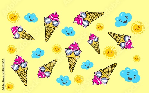 ice cream seamless pattern. Summer Ice Cream Pattern: A playful and colorful repeating pattern featuring ice cream cones, ice cream bars, and cartoon clouds, perfect for summer-themed designs.