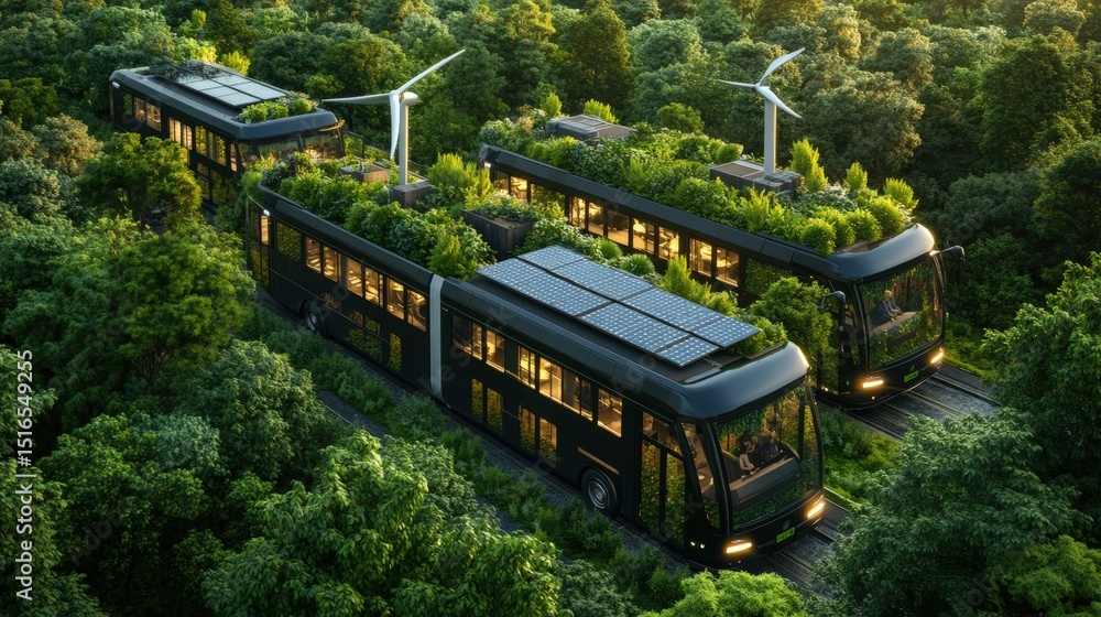 Naklejka premium Eco friendly autonomous electric buses traveling through dense green forest surrounded by tall trees and lush vegetation
