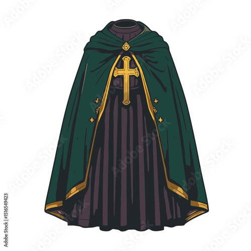 Priest stole icon featuring a green ceremonial garment with a gold cross design and pleated fabric