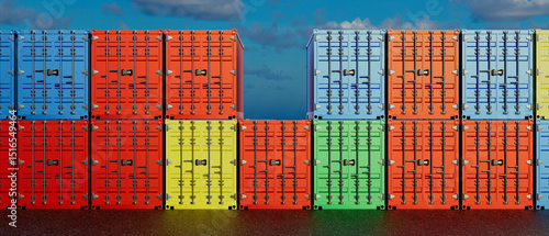 A row of shipping containers are stacked in a row