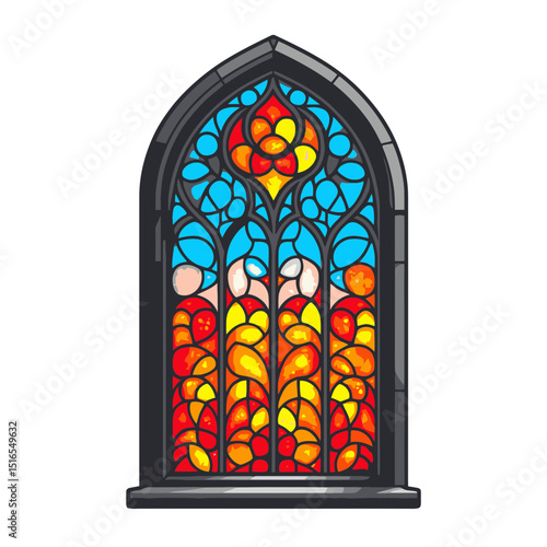Colorful stained glass window icon featuring vibrant patterns and blue sky backdrop in a simple flat design
