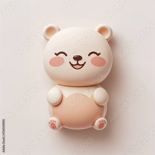 A joyful 3D cartoon baby bear with light beige fur, pink cheeks, and a wide smile, lying down with rounded paws and a white belly, set against a soft pastel background