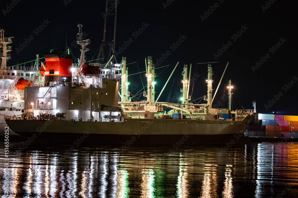 Obraz premium 夜の港と停泊中の貨物船
