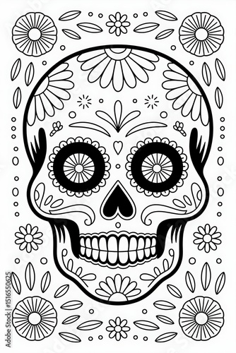 Coloring page of sugar skull with floral designs isolated on white background