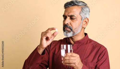 Old Indian Man in Maroon Kurta Taking Medicine with Water, Daily Health Routine and Medication Awareness on Warm Background, Copy Space