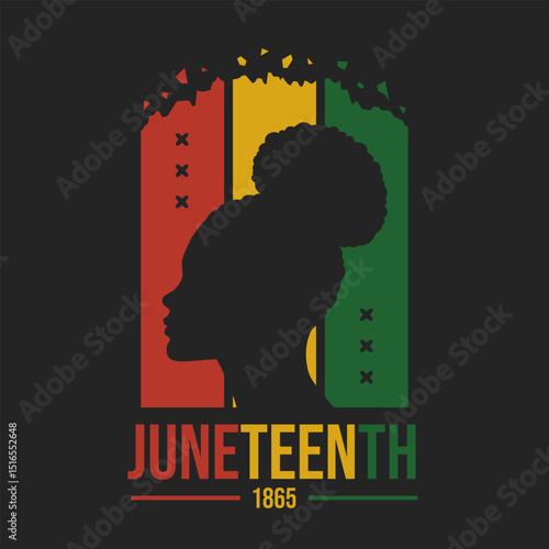 African American Juneteenth greeting background with silhouette of an afro woman side profile on red, yellow, and green flag suitable for shirt design or event celebration on June 19