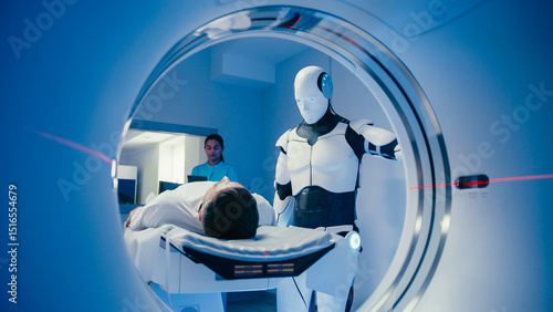 Humanoid robot standing beside MRI tunnel while observing Caucasian man lying still on examination table. Scene captured from inside scanner showing futuristic healthcare technology monitoring patient