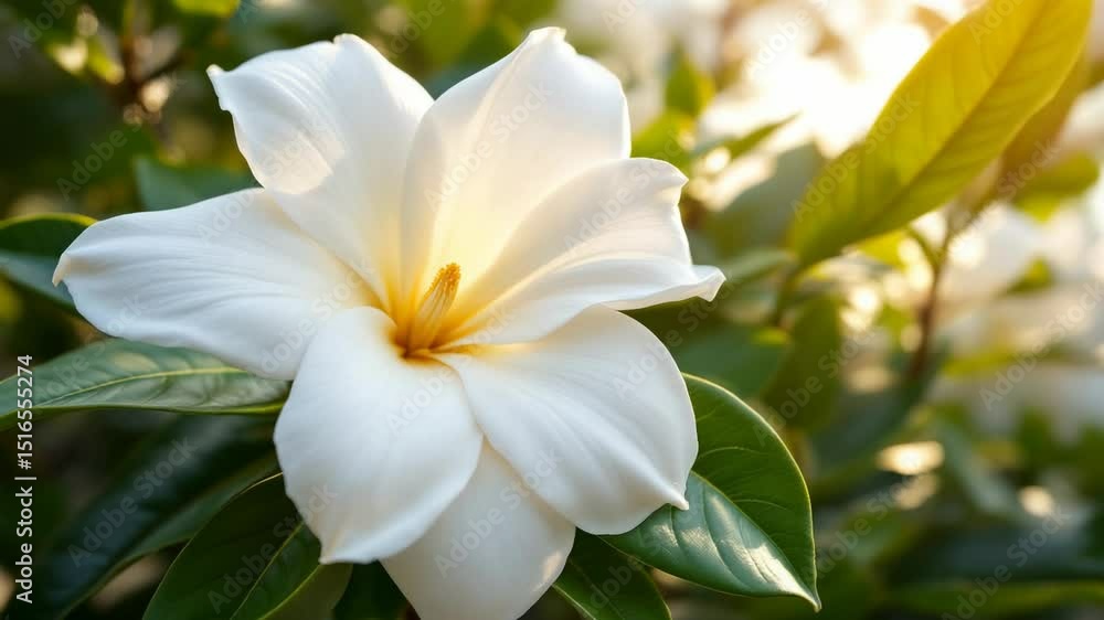 radiant blossom: a close-up of pristine white petals framing a bright, golden center amidst vibrant green leaves radiant blossom: a close-up of pristine white petals framing a bright, golden center amidst vibrant green leaves