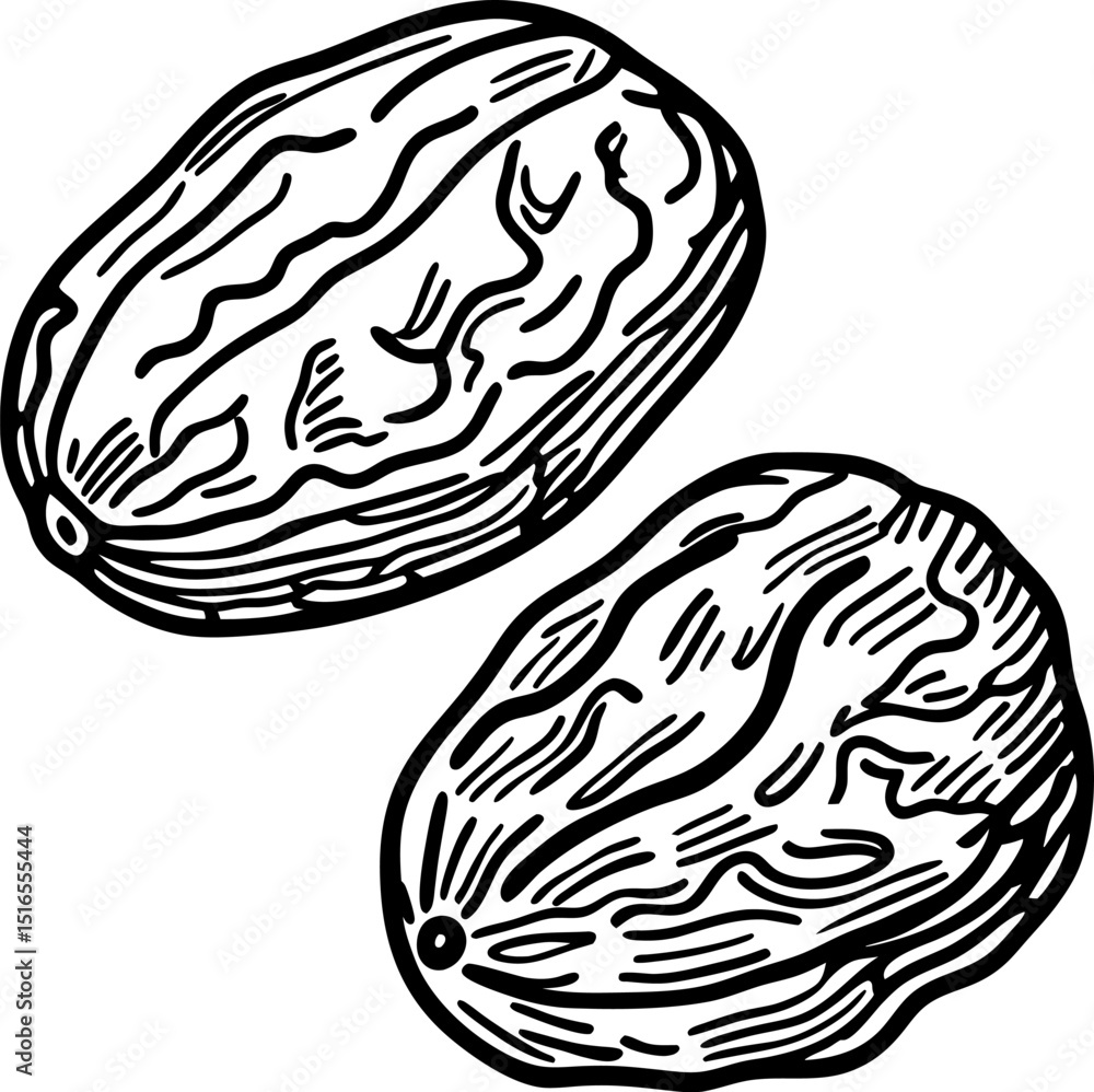 Obraz premium Nutmeg seed illustration, hand drawn engraving aromatic spice ingredient, black and white botanical sketch