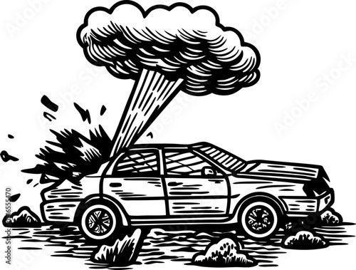 Damaged car with explosion, broken vehicle with smoke cloud accident scene, dangerous impact, crash destruction