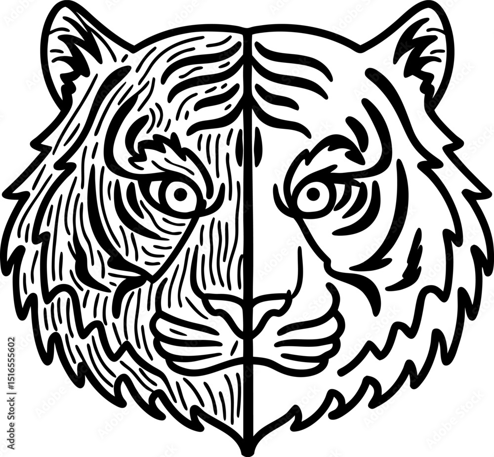 Fototapeta premium Half realistic, half abstract tiger head illustration symmetrical feline face, line art, wildlife concept