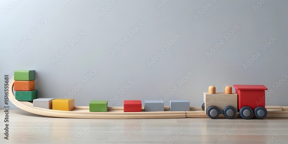 Naklejka premium Wooden toy train carrying colorful blocks on a curved track against a neutral background