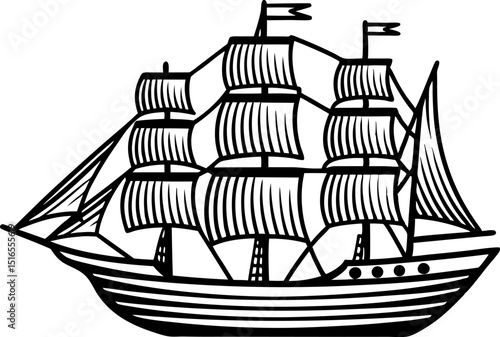 Classic sailing ship with tall masts and multiple sails nautical vessel outline, vintage maritime transport illustration