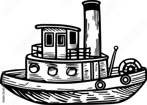 Vintage tugboat illustration classic steam powered ship, retro maritime transport, nautical vessel drawing